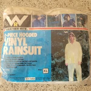 VTG Weather-Rite Clear Vinyl 2-piece Rainsuit w/ Hood Drawstring Unisex XL✨️NEW